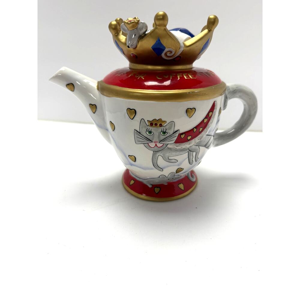 Cat Teapot Mouse Crown Lid Hand Painted Ceramic Tea Pot Whimsical 8x10